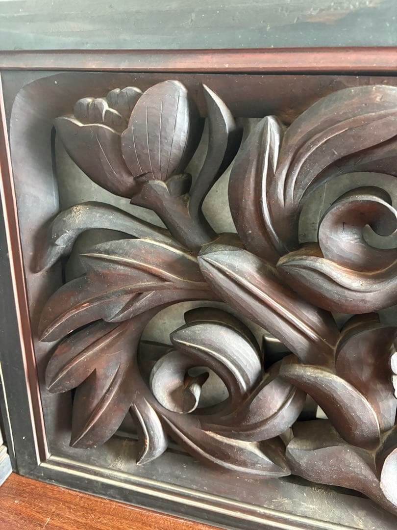 欄間　 らんま　檜？木彫り　各々１４ｋｇ弱　どっしり　アンティーク　菊　蓮？