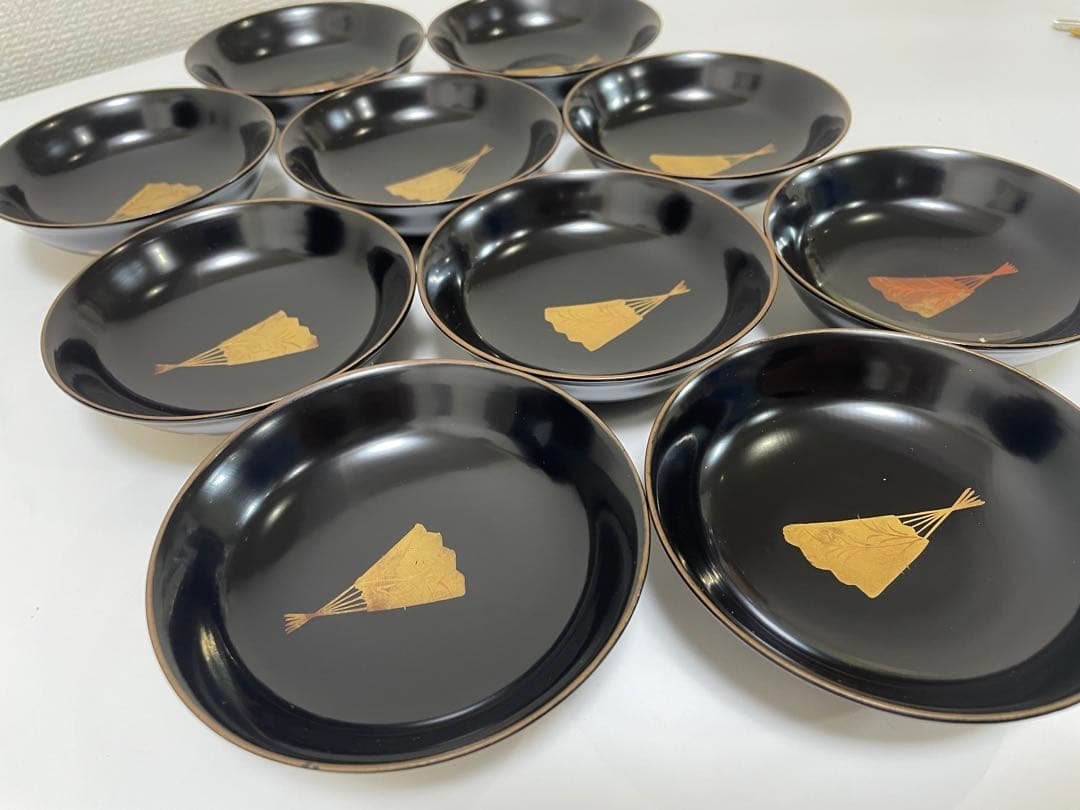 漆器 輪島塗 金蒔絵 扇柄 黒 内黒 吸物 割烹 蓋付き10客個 お煮物椀