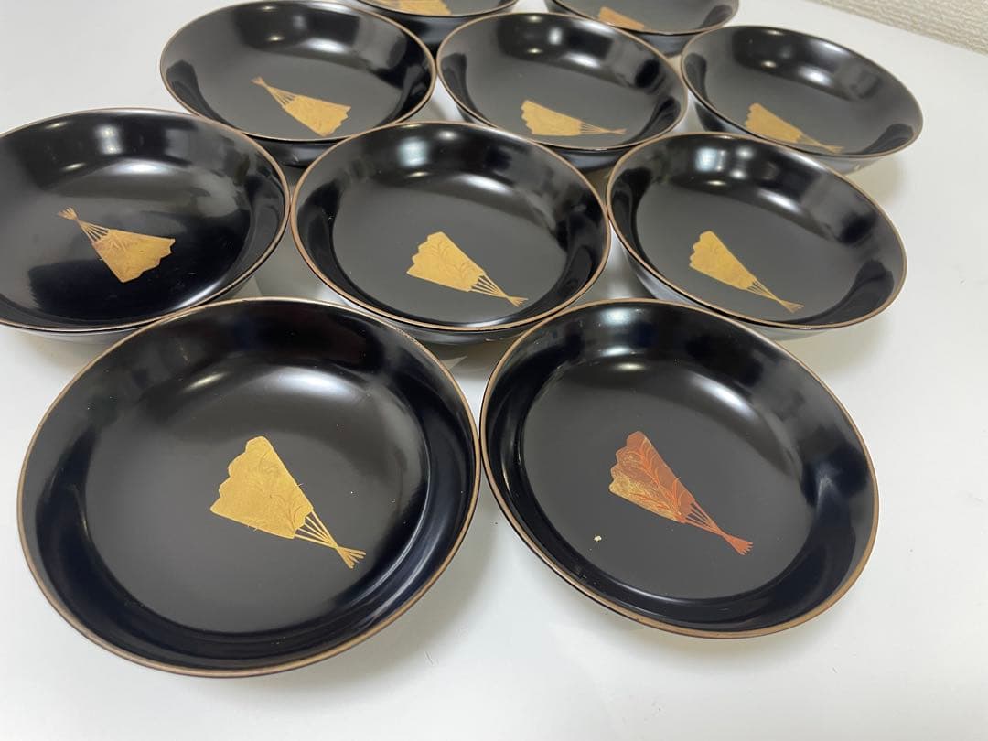 漆器 輪島塗 金蒔絵 扇柄 黒 内黒 吸物 割烹 蓋付き10客個 お煮物椀