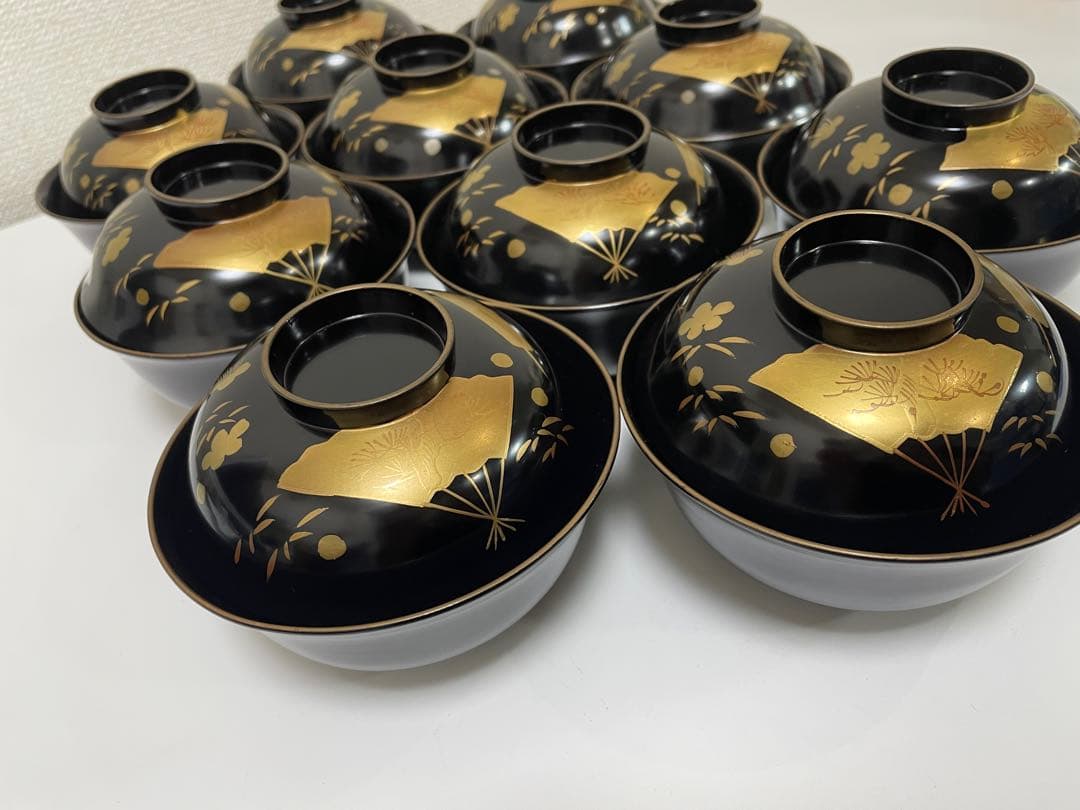漆器 輪島塗 金蒔絵 扇柄 黒 内黒 吸物 割烹 蓋付き10客個 お煮物椀