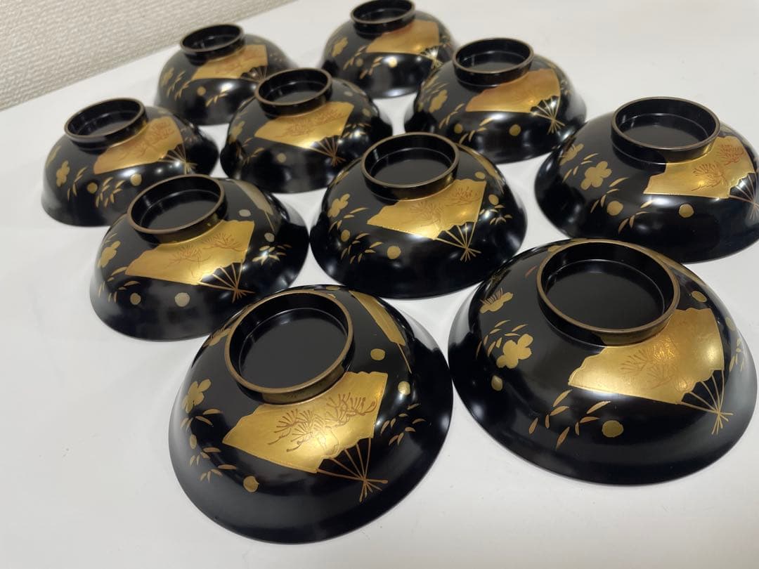 漆器 輪島塗 金蒔絵 扇柄 黒 内黒 吸物 割烹 蓋付き10客個 お煮物椀
