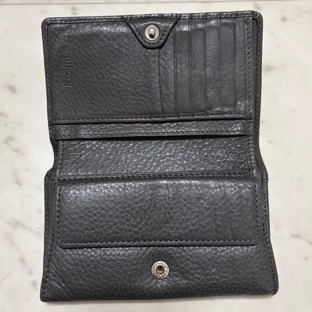 ヒロフ 折り財布 H ロゴ型押し シボ革 レザー コンパクト イタリア製 灰色