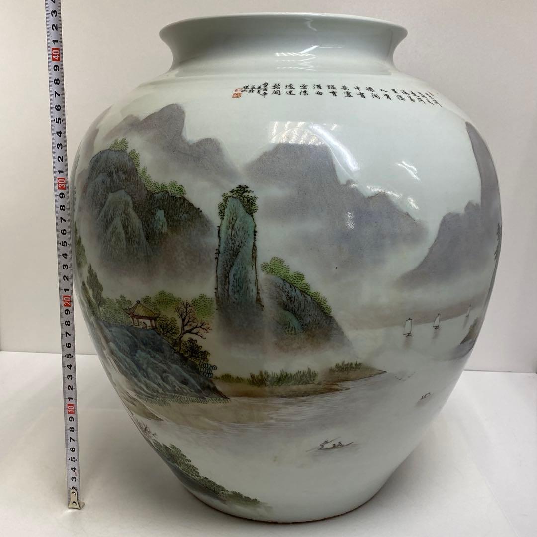 中国美術 粉彩山水画 大壷 H43cm 東キ7-1230① トヒエ