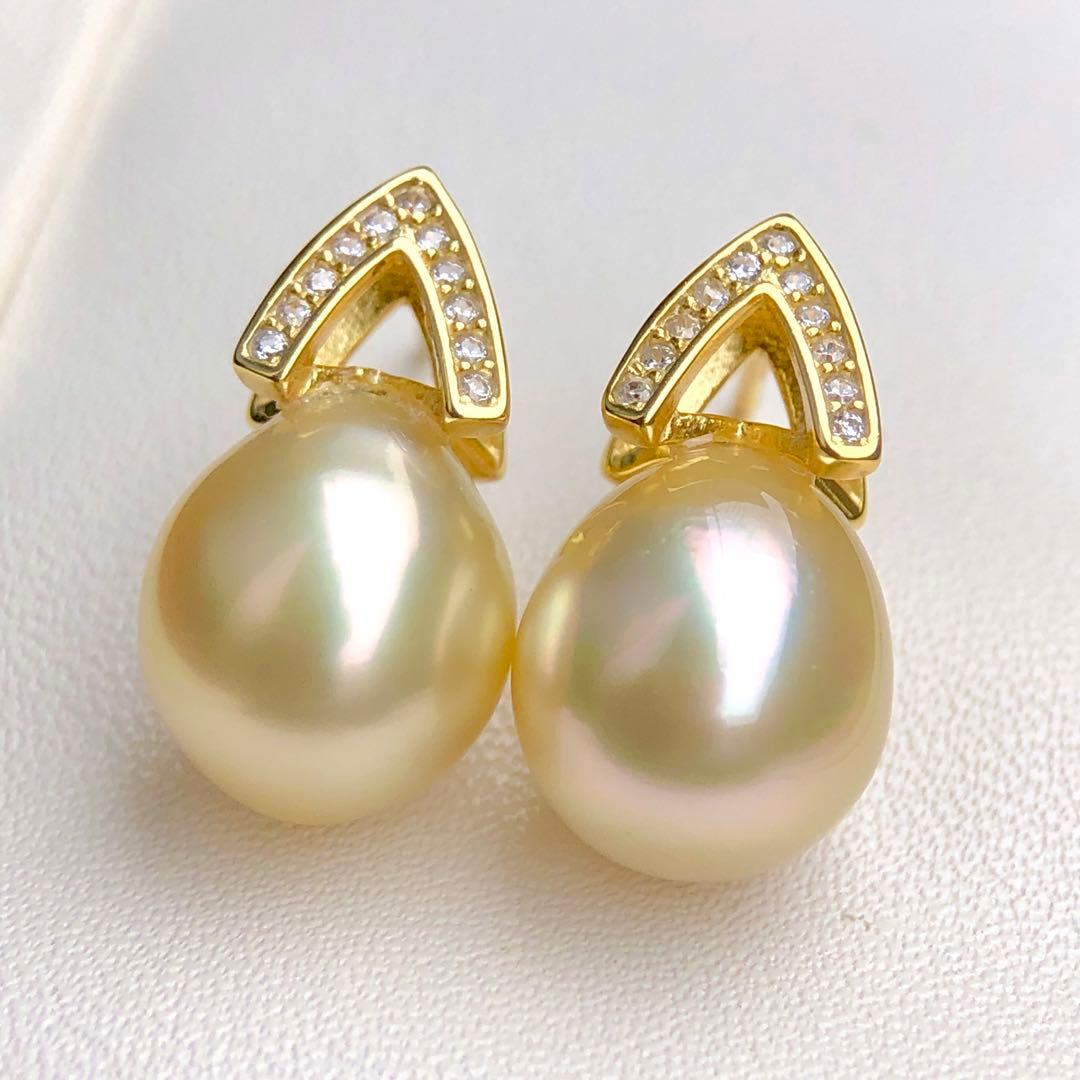 本真珠南洋白蝶真珠　レモン茶金11.4×9.8㍉s925ピアスBL915