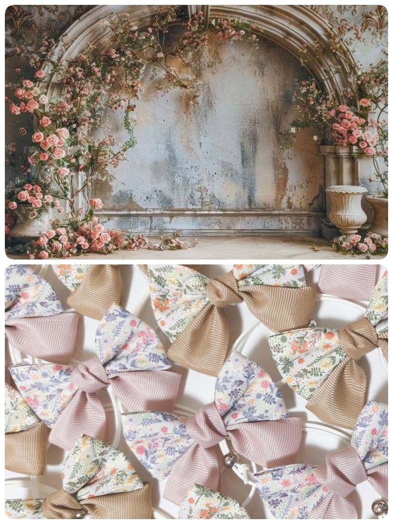 秋色花柄リボン100個　くすみカラー　業務用トリミングチョーカー　ピンクベージュ