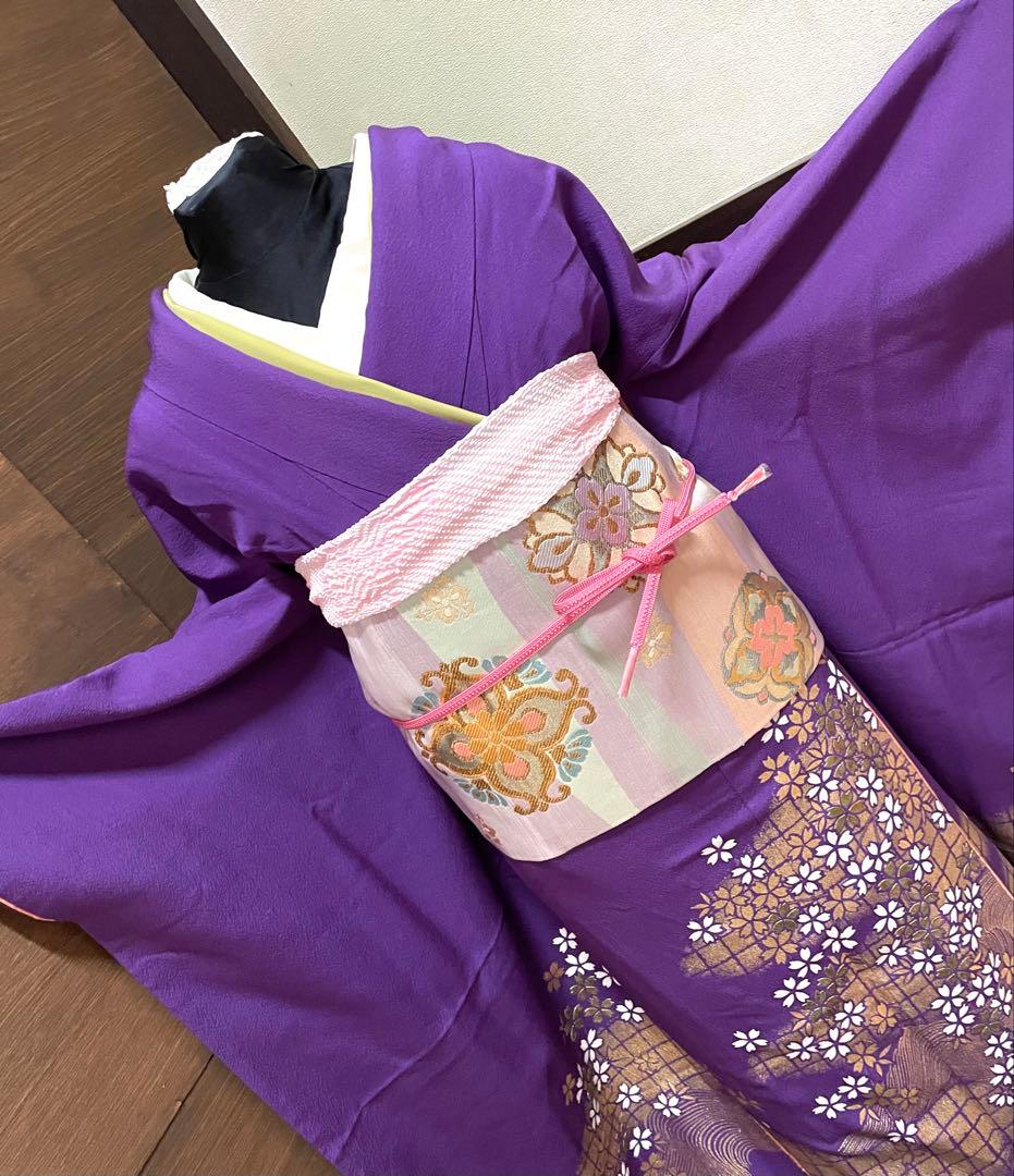 振袖 フルセット6点サイズM〜Ｌ流水舞桜文　金彩　正絹