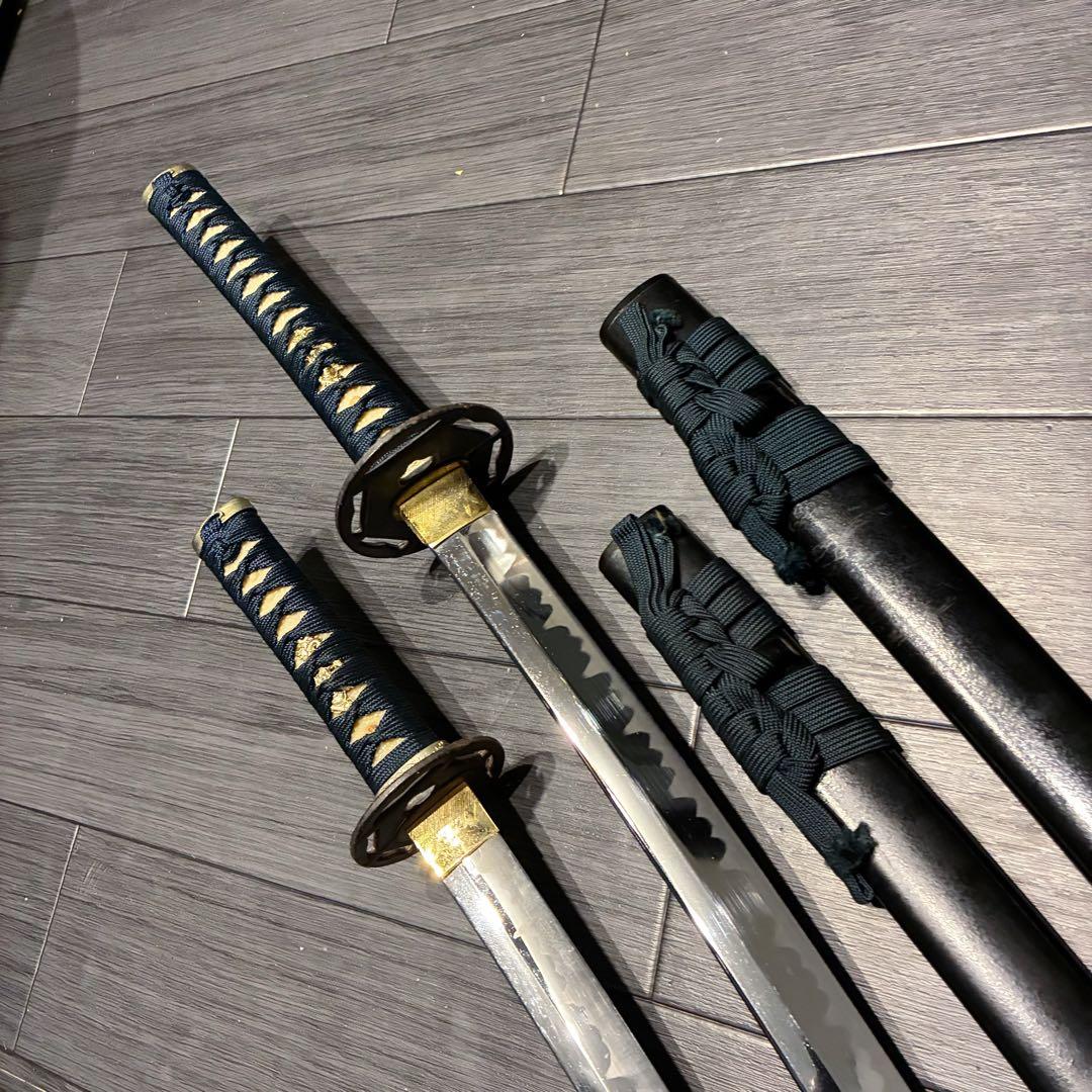 高級模造刀　金鍔　美術刀剣　太刀　脇差　大小セット　緑拵え　2本セット