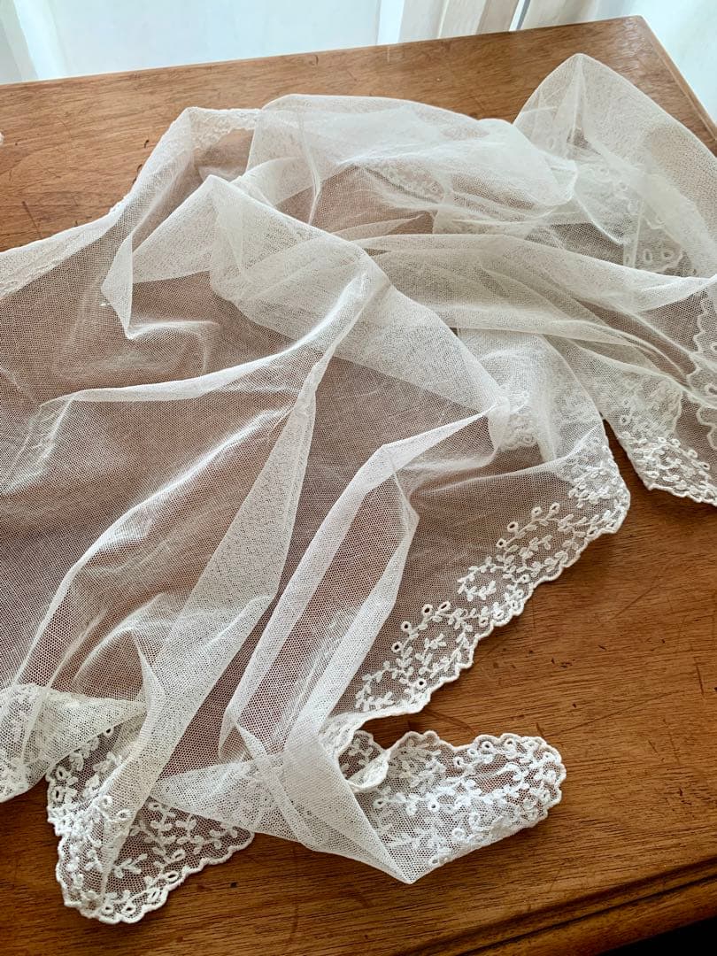 フランスアンティークチュールレースヴェール2点※ エクリュホワイトスカラップ刺繍