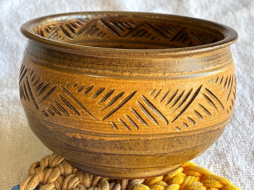 京焼　茶道具　彫三島建水　アンティーク置物