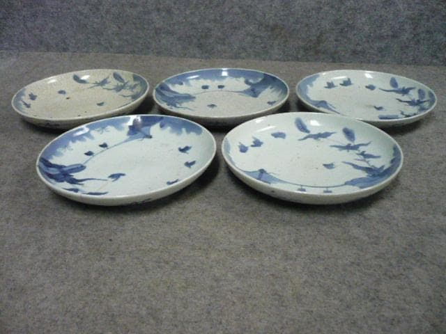 古伊万里 小鳥図 染付 中皿 5枚 [B31456]