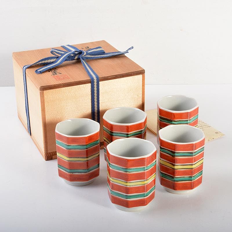 幸兵衛窯　色絵　筋文　八角　湯呑　5客　共箱　N　5991