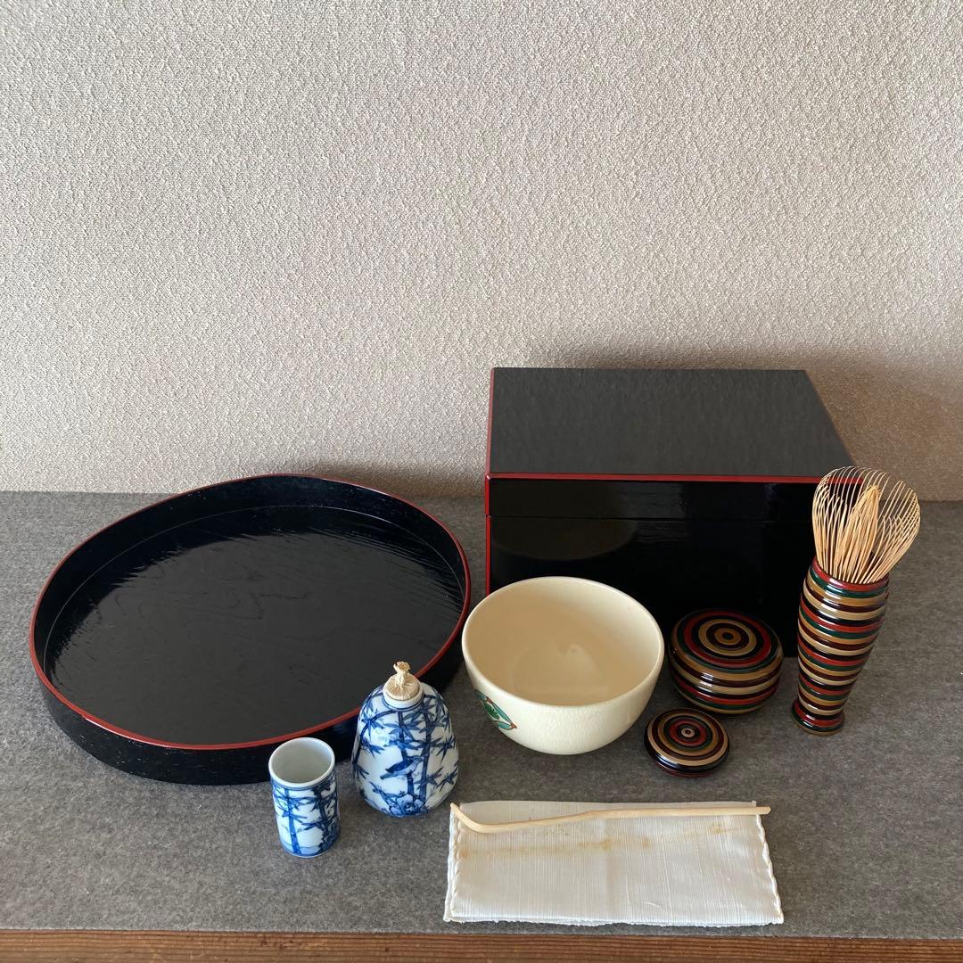 野点一式　茶道　箱手前　専用箱付　茶盌　茶筅　茶杓　道具