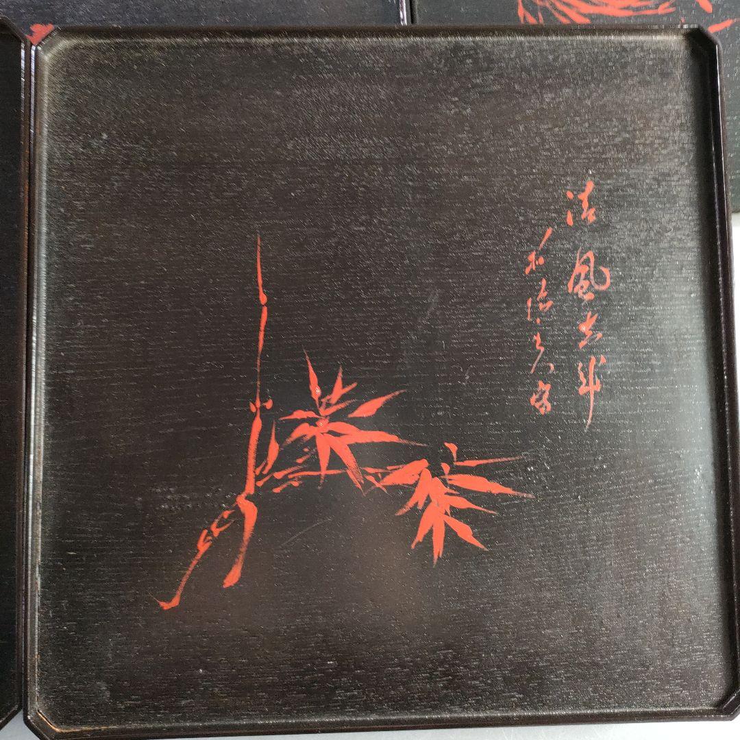 A895-8/道正 造/朱塗草花図絵替膳5客/木曽漆器/銘々皿/