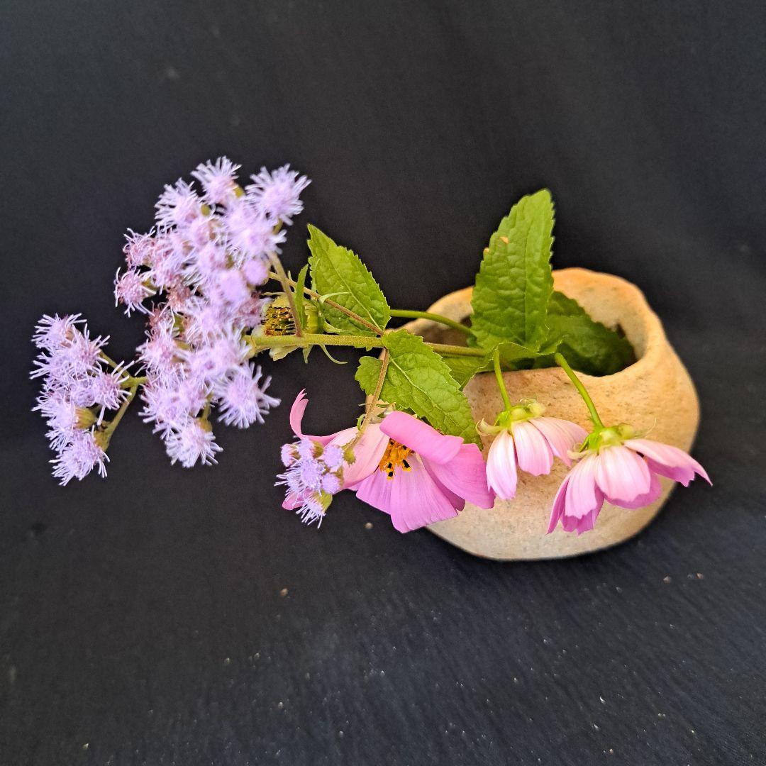 「弥生土器に花を活ける①」 弥生種壺-祭器(直径8.5cm) 2客セット 骨董ア