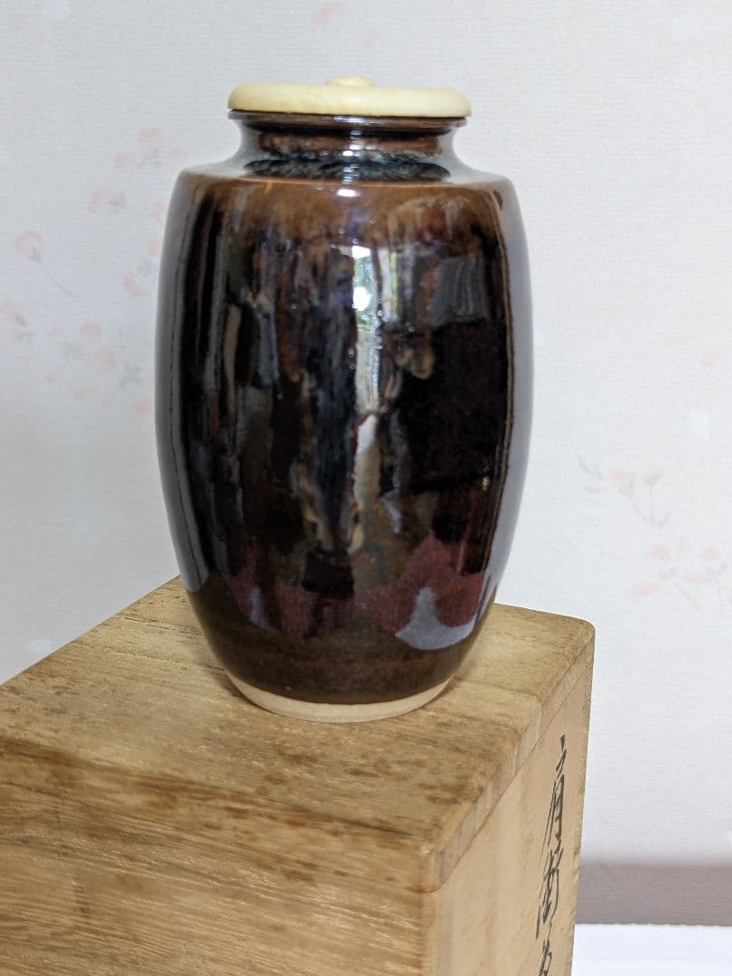 ♦茶道具 肩衝茶入 平安作 仕覆付き 薩摩間道 名物裂 共箱入 美術品 工芸品