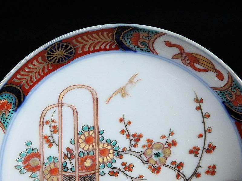 古伊万里　金襴手　花鳥紋に花籠の図　縁高４寸皿　５枚　E128AS-BUy