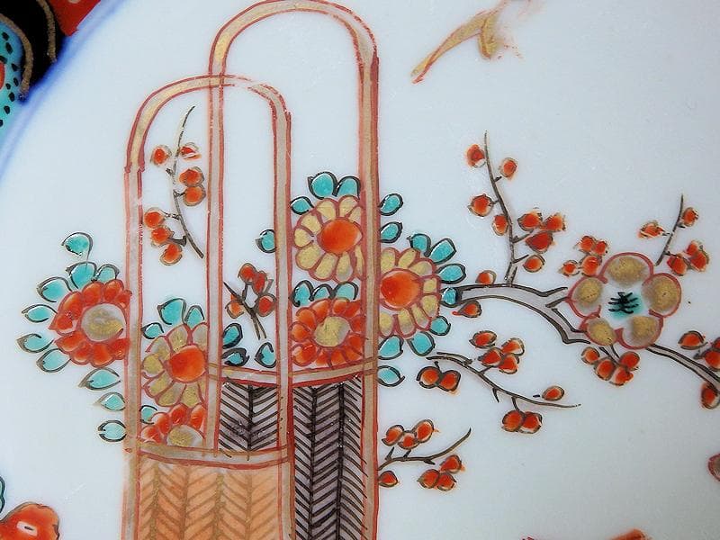 古伊万里　金襴手　花鳥紋に花籠の図　縁高４寸皿　５枚　E128AS-BUy