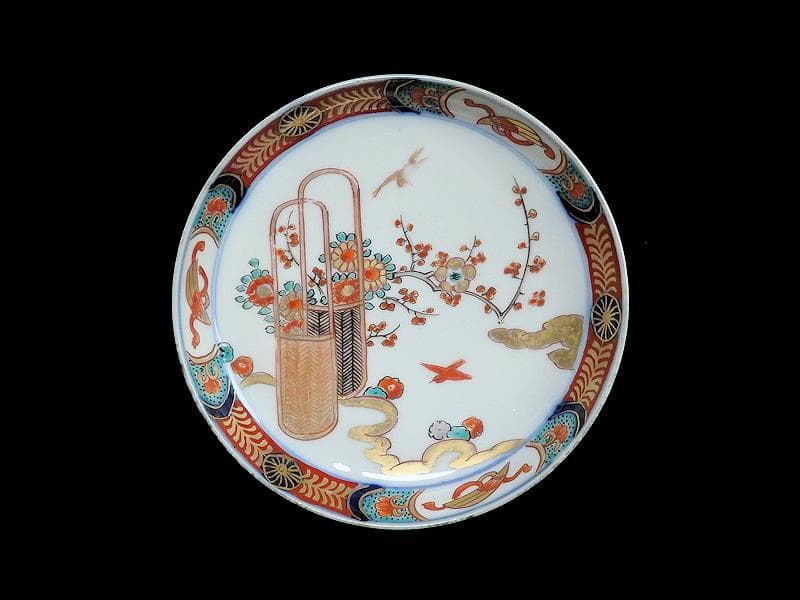 古伊万里　金襴手　花鳥紋に花籠の図　縁高４寸皿　５枚　E128AS-BUy