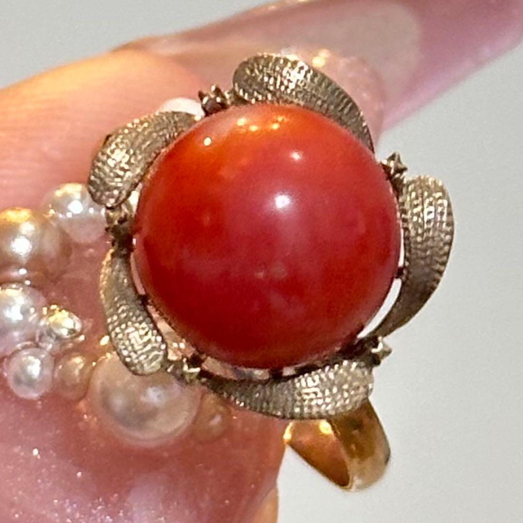 【14K アンティーク】珊瑚 お花 指輪