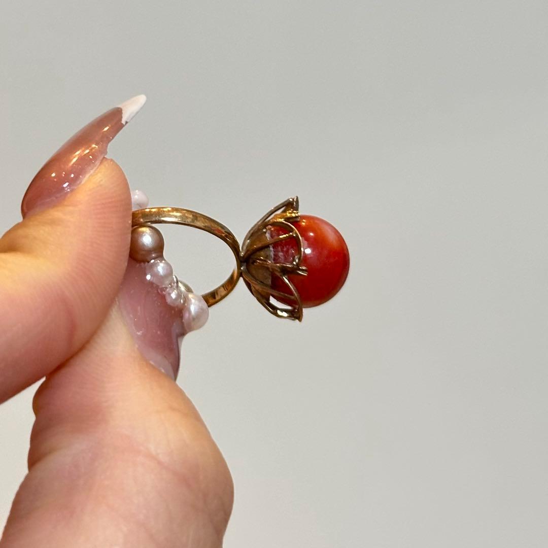 【14K アンティーク】珊瑚 お花 指輪