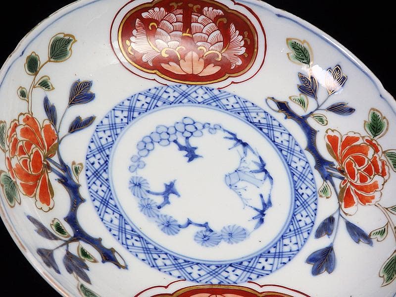 大聖寺伊万里　金襴手　牡丹に松竹梅の図　６寸皿　５枚　B269AS-BGi