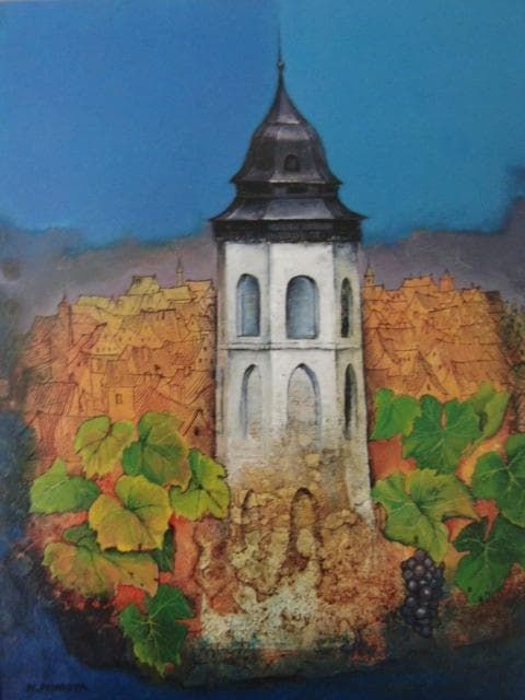 久保田晃二【搭のある風景】希少画集画、状態良好、新品高級額装付