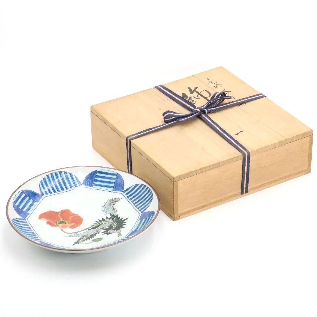 梶本太衛作 色絵芥子の図 飾皿 大皿 共箱　V188　1F14