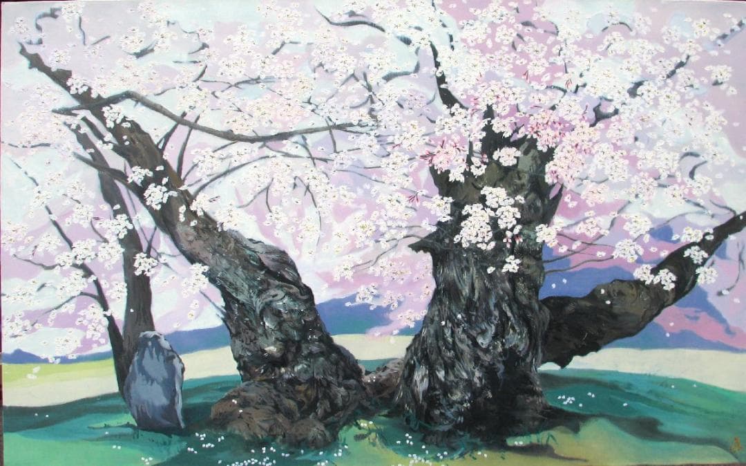 川島眞佐「石部桜」M50号油彩,会津の有名桜,見事な枝ぶり描写,晴れやかな大傑作