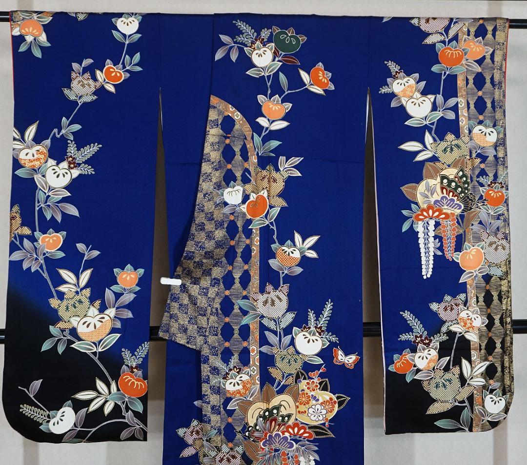 長じゅばん付き　正絹振袖　青　金彩友禅柄　165cm　a129