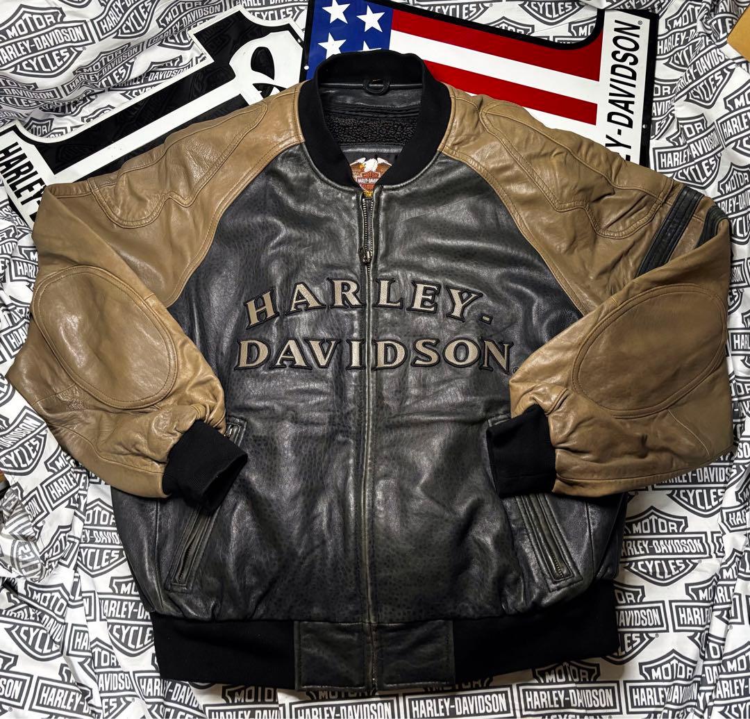 ハーレーダビッドソン 前後革刺繍ロゴ⭐️レアなラム本革製ジャケット脱着ボアライナー
