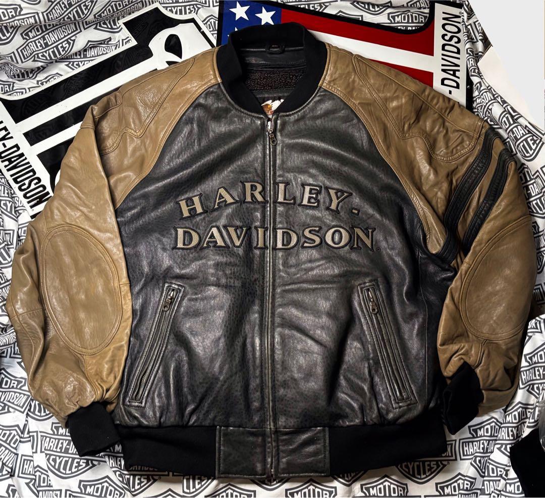 ハーレーダビッドソン 前後革刺繍ロゴ⭐️レアなラム本革製ジャケット脱着ボアライナー