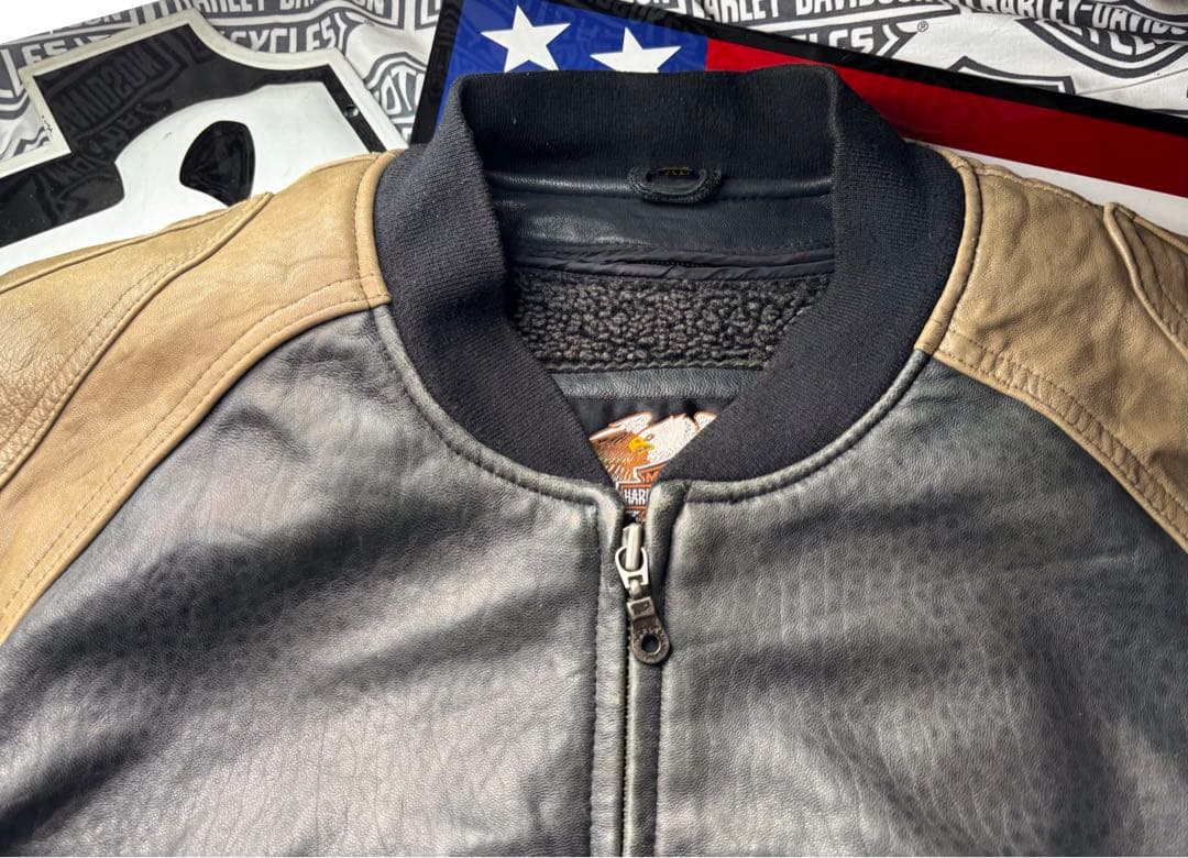 ハーレーダビッドソン 前後革刺繍ロゴ⭐️レアなラム本革製ジャケット脱着ボアライナー
