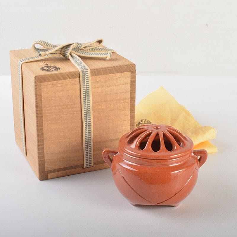 茶道具　京焼　川崎和楽作　赤楽　三足香炉　共布共箱　V　6823