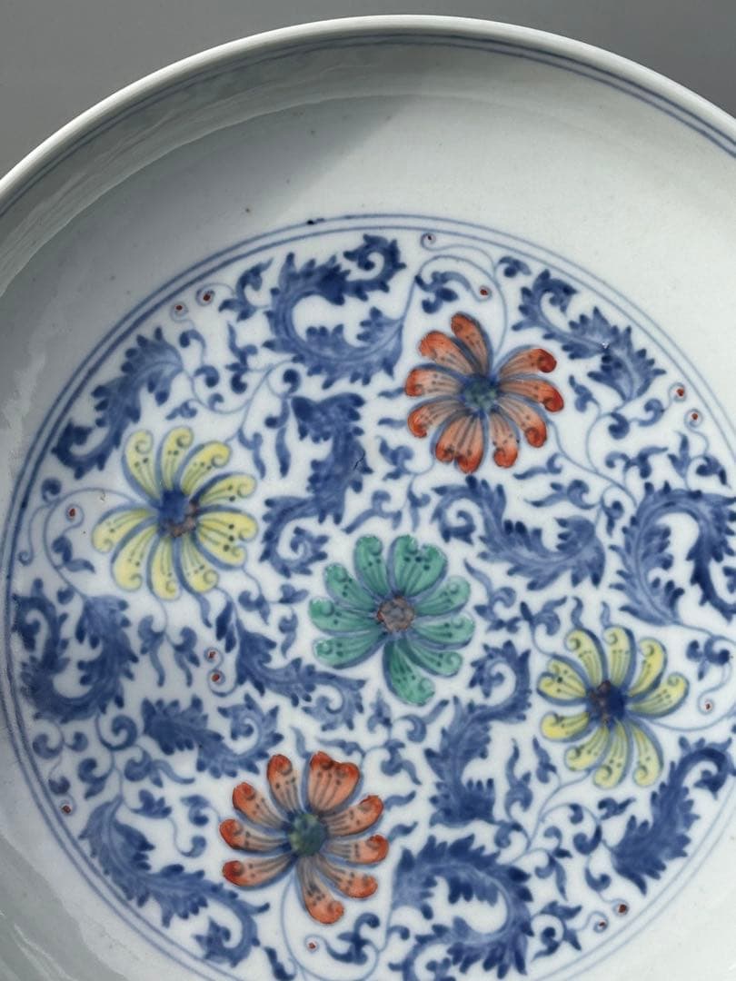 清代　大清雍正年製　青花染付 彩繪花卉文　古陶磁皿　中国古美術　時代物　骨董