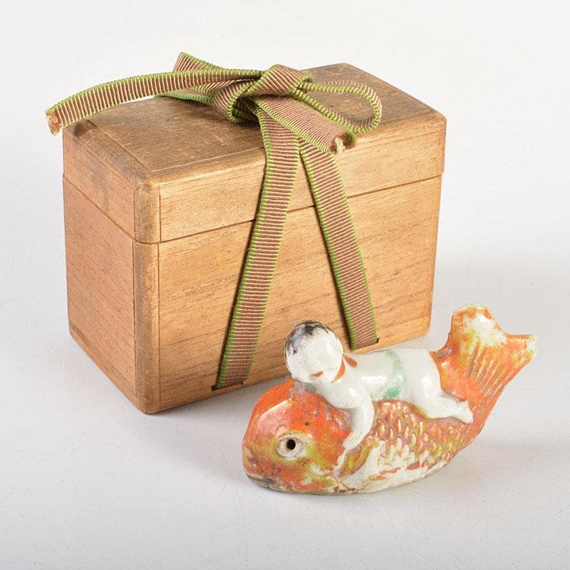 古民芸　色絵　鯛乗り童子　水滴　時代箱付　N　6771