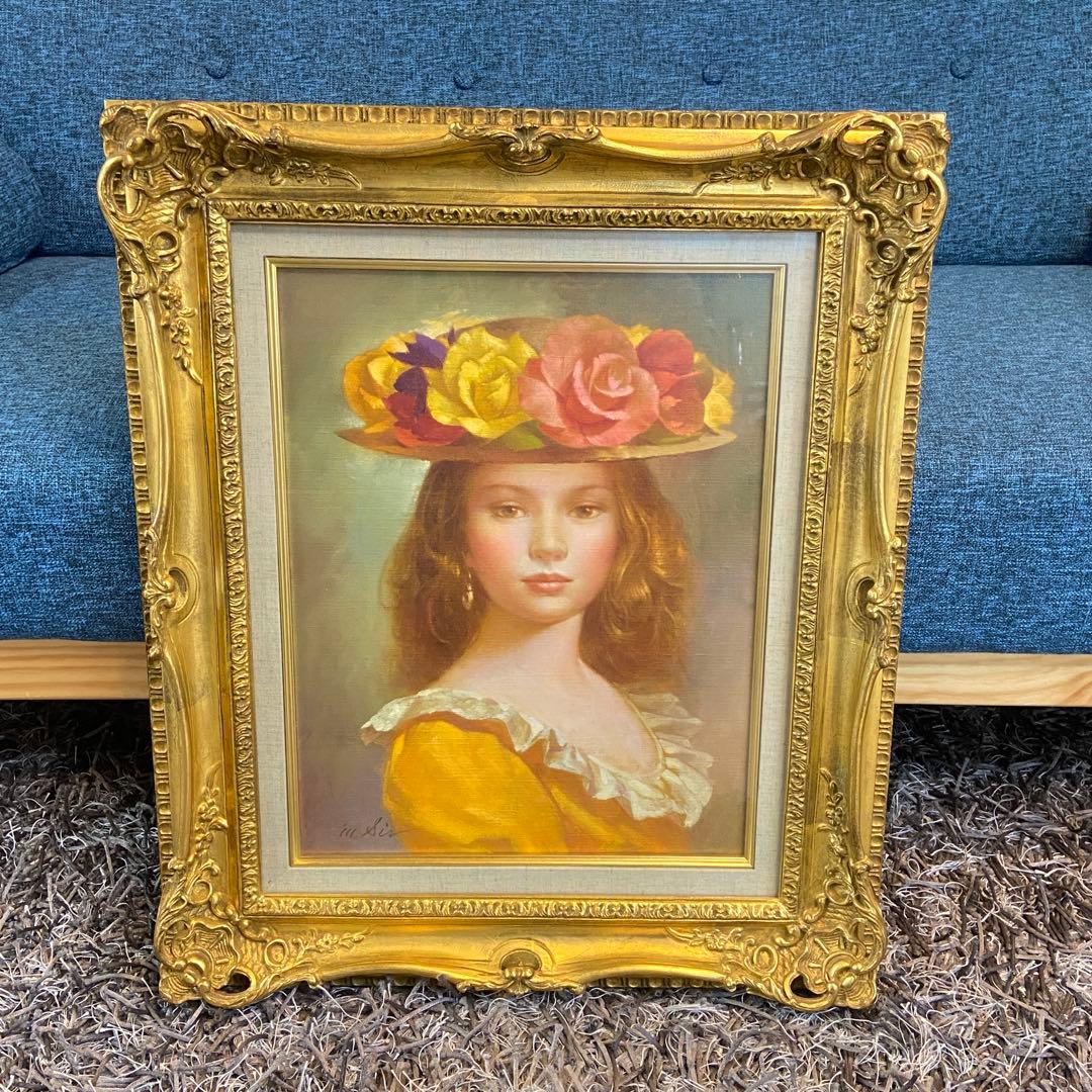 進 徹■花飾りの帽子の女性■油彩■額付絵画