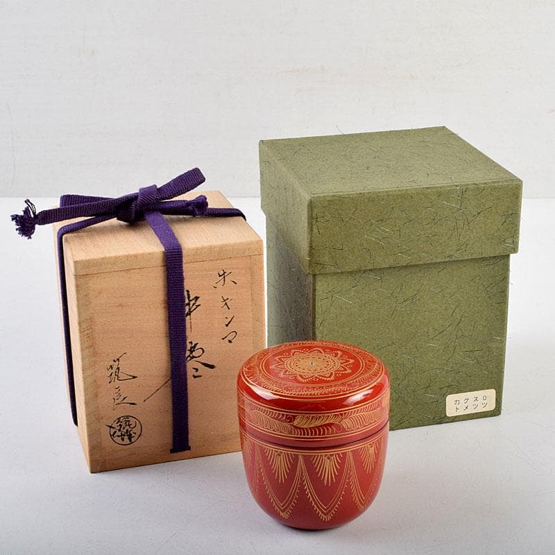 茶道具　蒔絵師　筑城筑良作　朱キンマ　中棗　共箱　V　9043