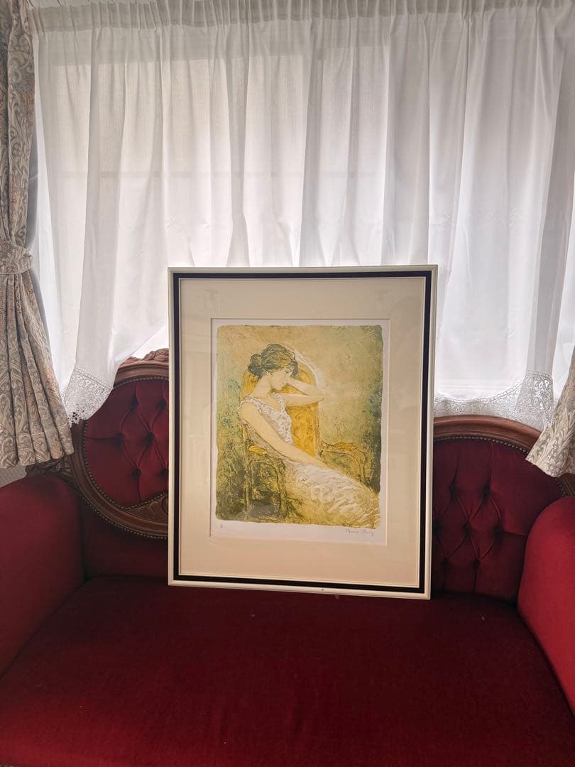 【真作】絵画　ベルナール・シャロワ　瞑想　肘掛け椅子の少女　リトグラフ　サイン