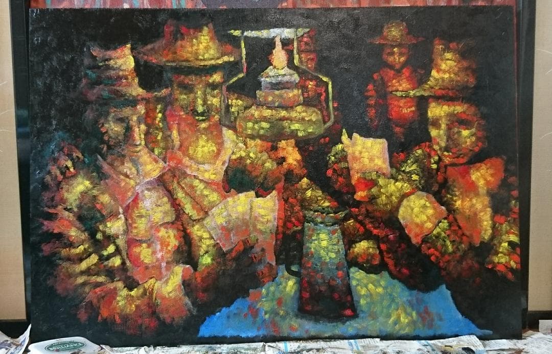 暗がりの中トランプで遊ぶ人たち   油絵   ※肉筆   額あり