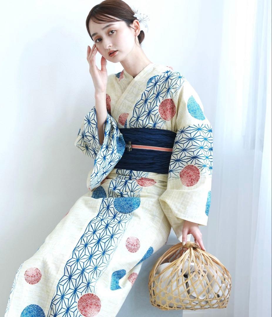 【即購入可♡】綿麻浴衣（柄：紺色の麻の葉と鞠）＋下駄＋着付け小物のお得セット！