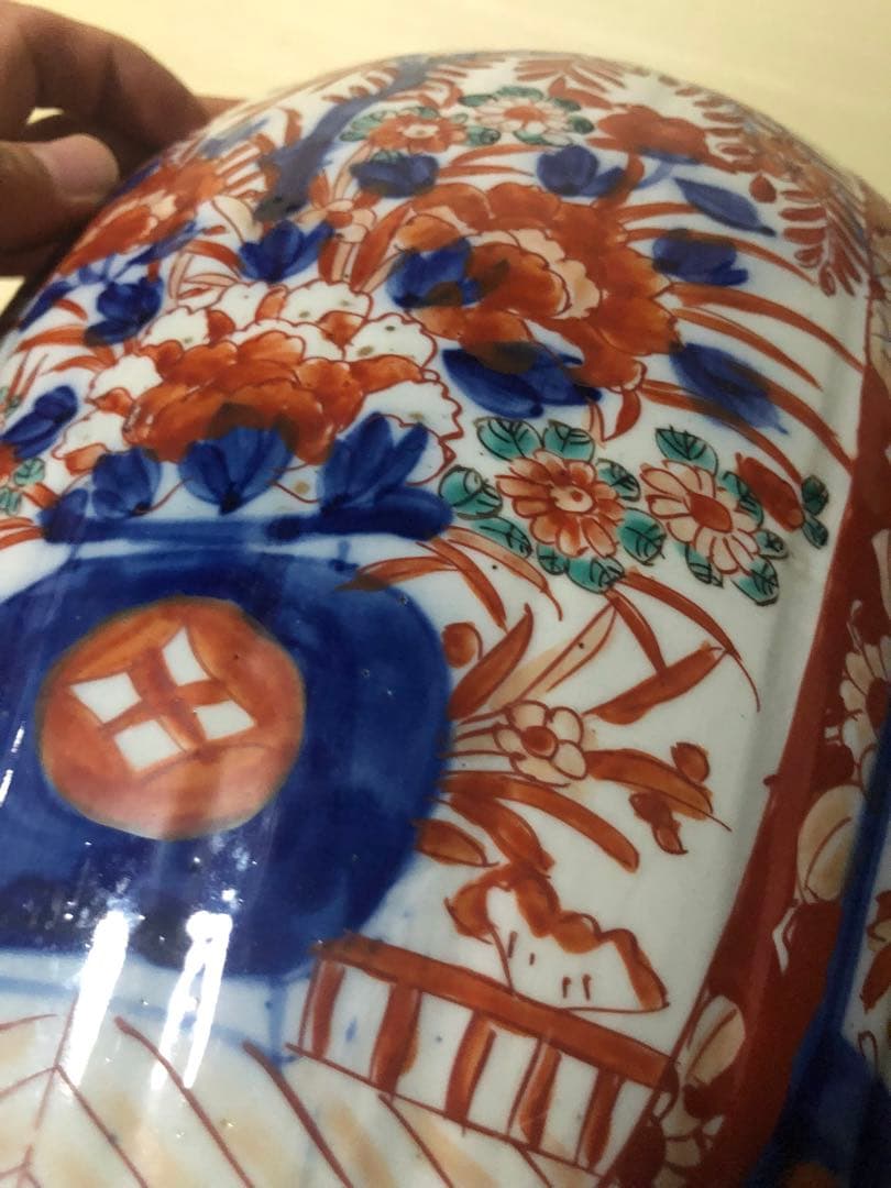 どっしり迫力ある花籠色絵の伊万里大壺 検古伊万里骨董古道具花活