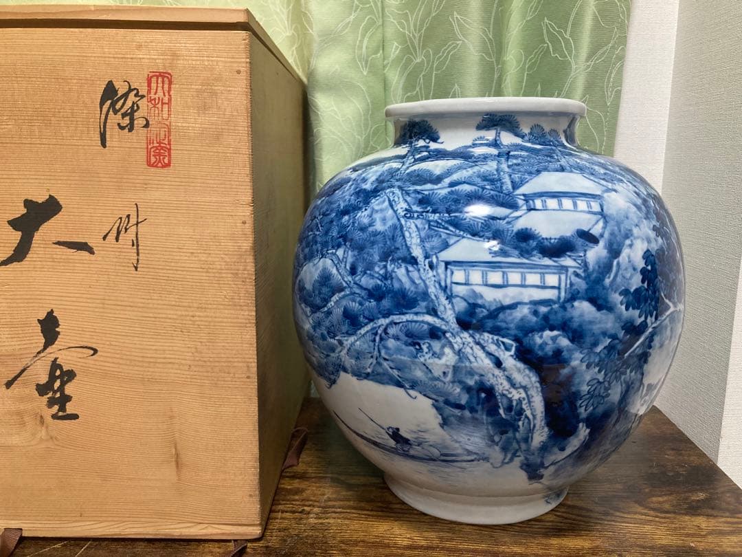 加藤芳州 染付山水大壺共箱共布 無形文化財保持者 楼閣山水文人画 骨董古美術