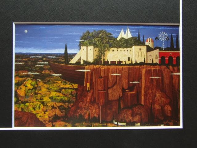 生駒康充、【月光浴　丘の上の船】、希少な画集画、新品高級額