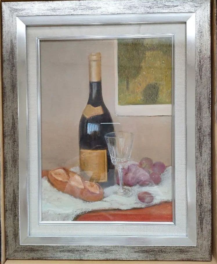 油絵原画　静物画　四号「パンとワインとクリムトの風景画」