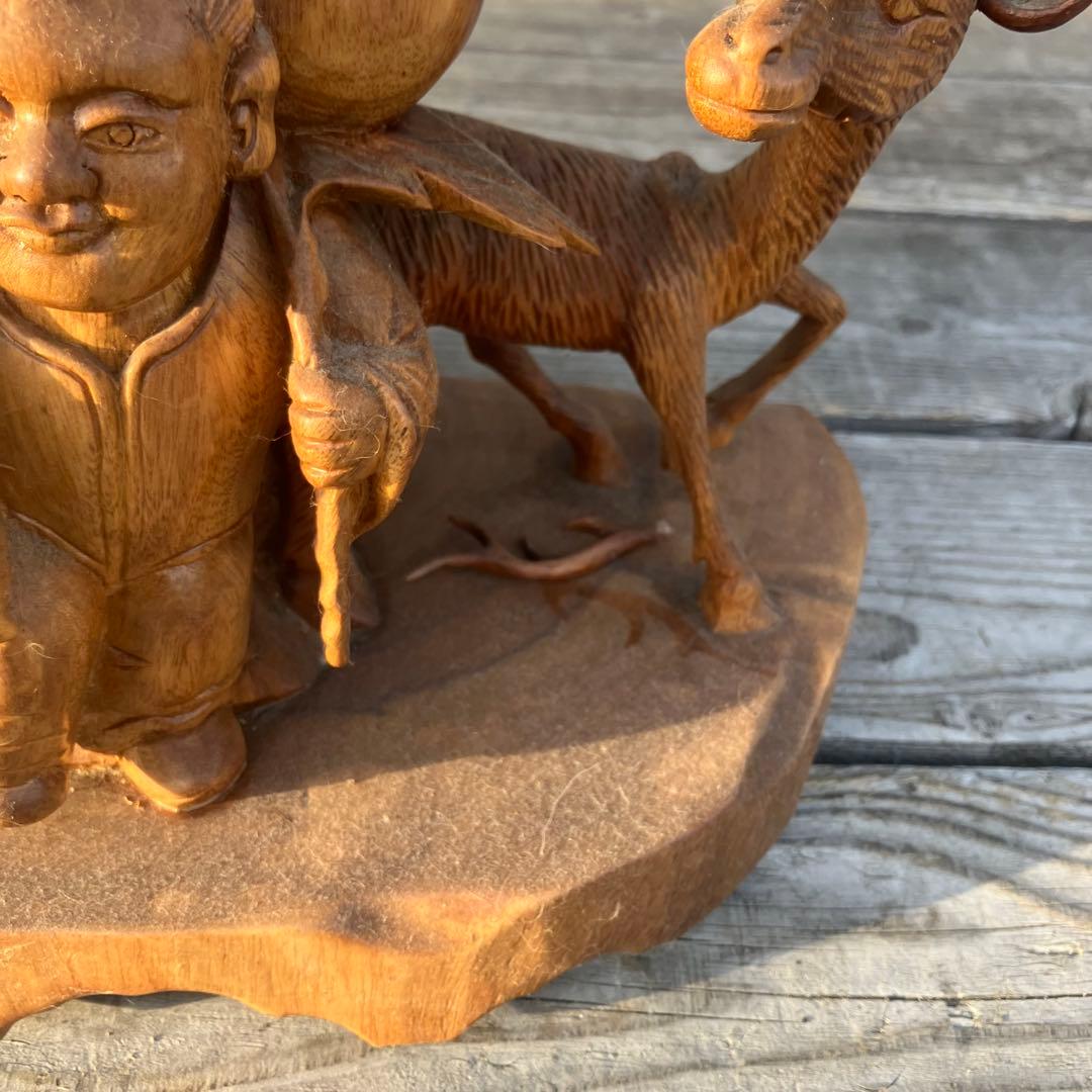 昭和レトロ 天然木 一刀彫 極上彫 七福神 寿老人 鹿 大型 置物 オブジェ