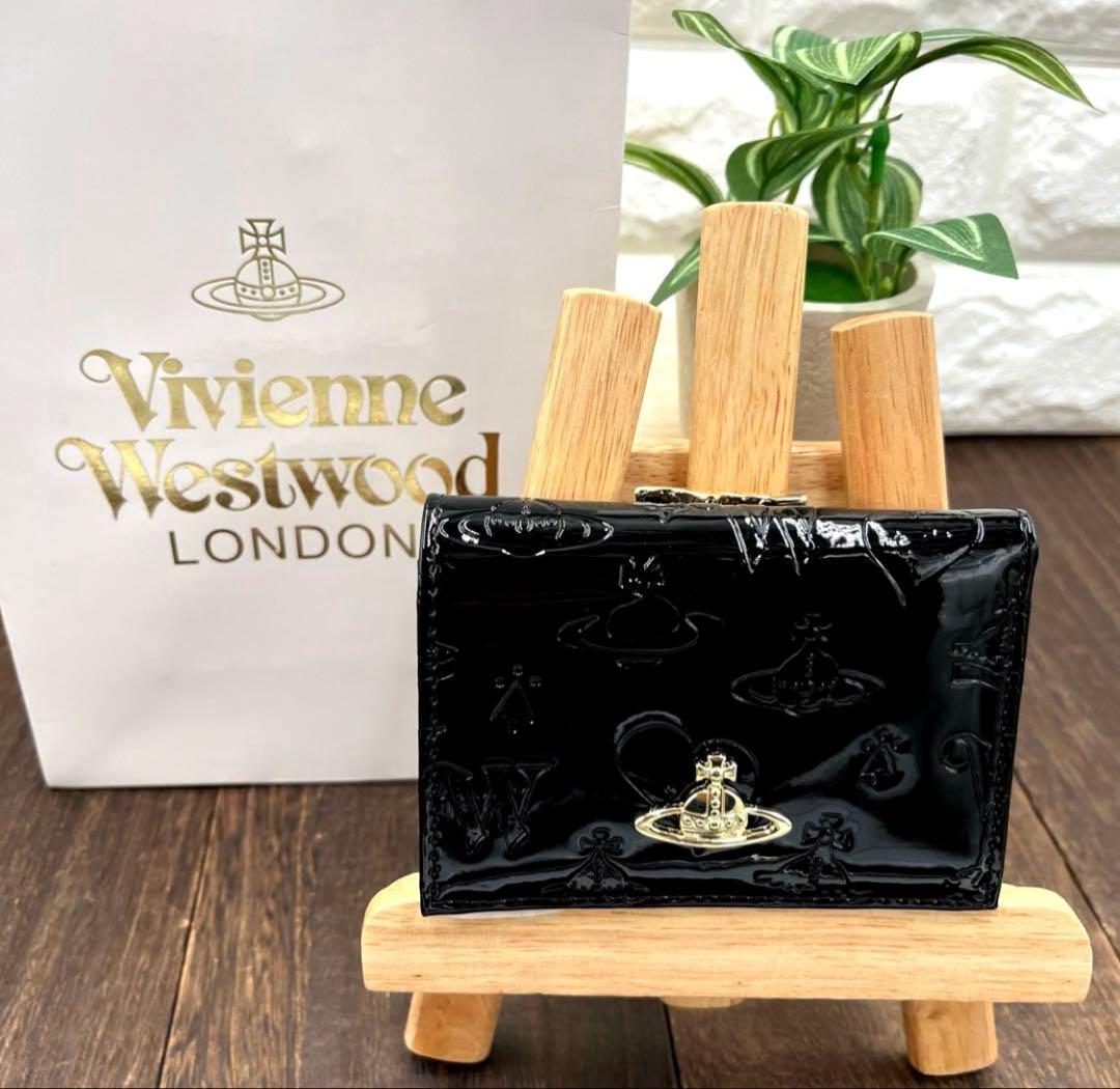 新品未使用　ヴィヴィアンウエストウッド 三つ折財布　黒　エナメル　がま口　⑧
