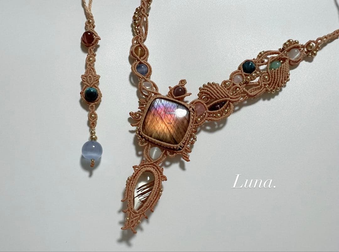 【handmade】マクラメ× ラブラドライト ルチルクォーツ ネックレス