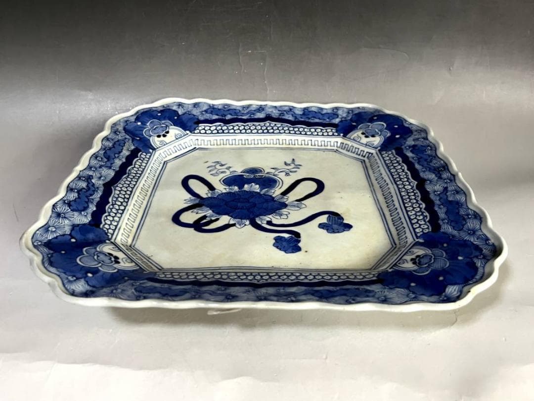 大皿■江戸中期 染付花唐草 牡丹 菊紋 凱 飾り皿 青華 古美術 時代物 骨董■