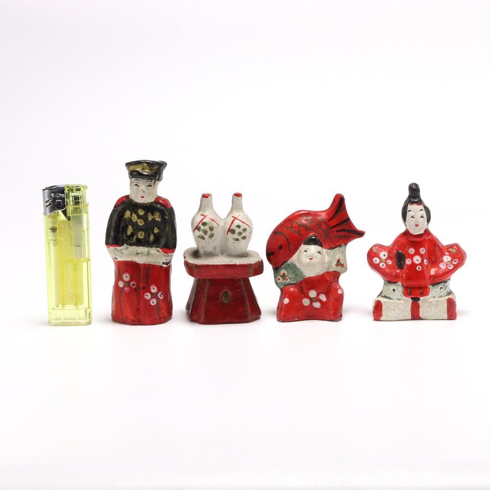 206B 古い花巻人形 4体 土人形 天神様 鯛担ぎ 神酒 兵隊 高さ9.5㎝