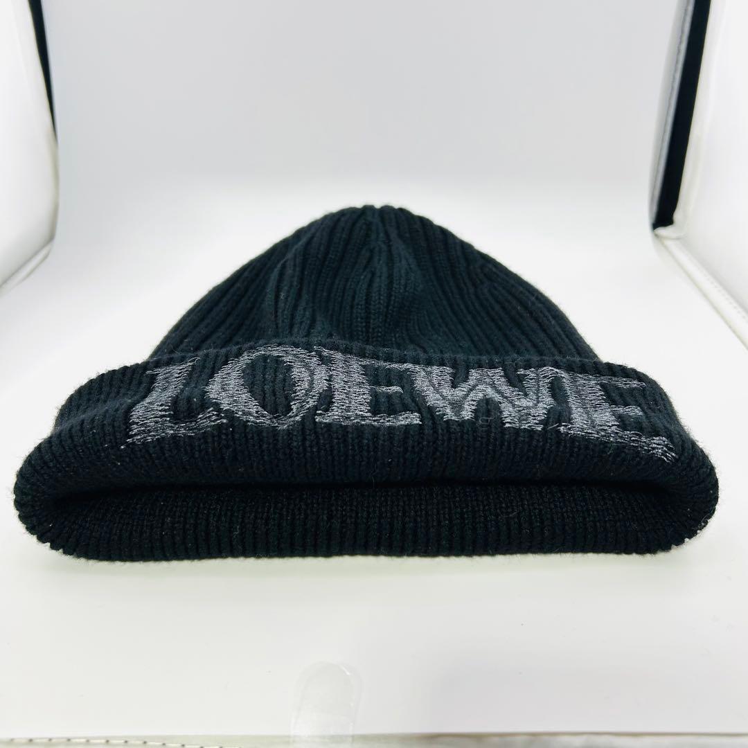 ✨極美品✨　ロエベ　ニット帽　ビーニー　刺繍ロゴ　リブ編み　ウール　ブラック
